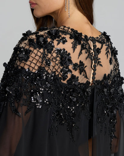 Black Floral Embellished Crepe Gown With Chiffon Cape