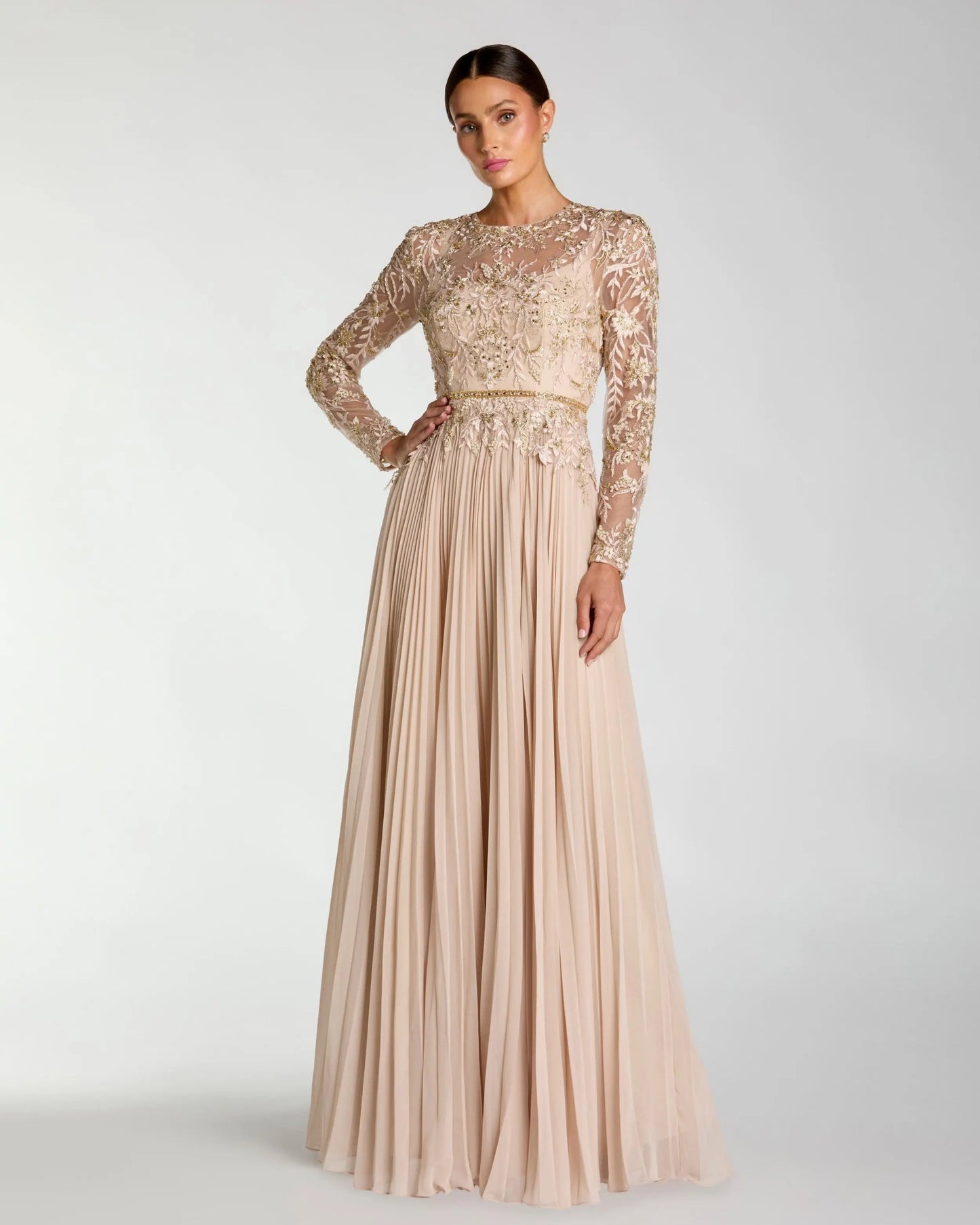 Long Sleeve Chiffon Embellished Gown