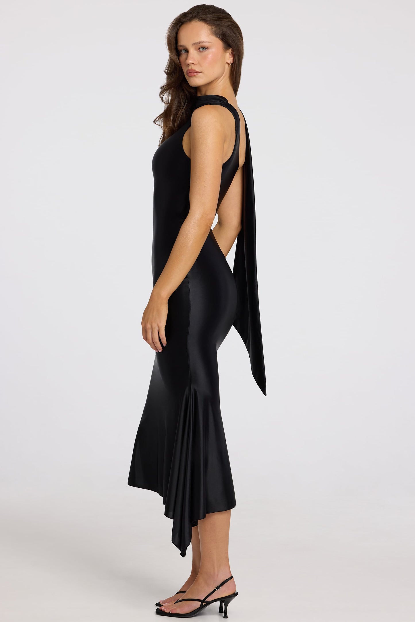 Asymmetric Scarf-Detail Midaxi Dress in Black