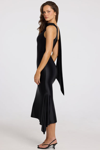 Asymmetric Scarf-Detail Midaxi Dress in Black