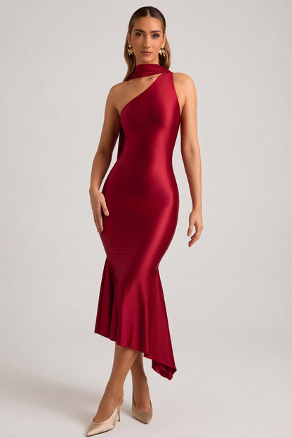 Asymmetric Scarf-Detail Midaxi Dress in True Red