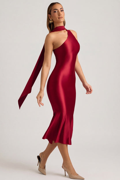 Asymmetric Scarf-Detail Midaxi Dress in True Red