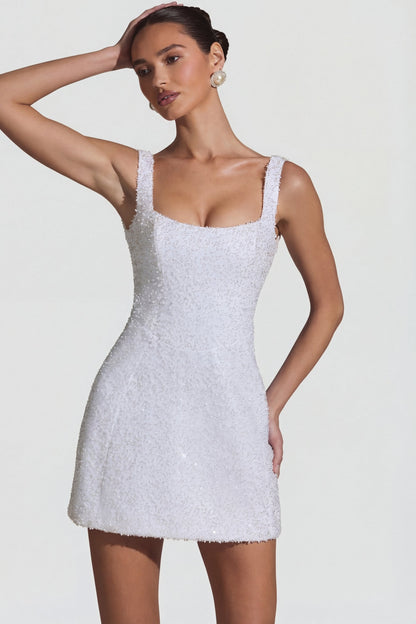 Embellished Structured A-Line Mini Dress in White