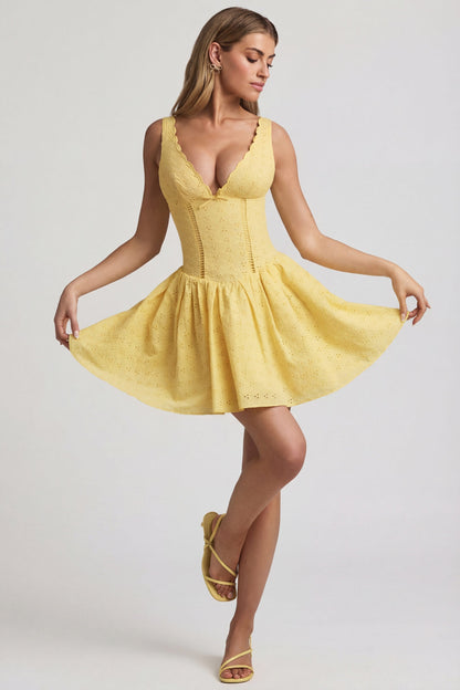 Broderie Anglaise Bow-Detail A-Line Mini Dress in Pastel Yellow