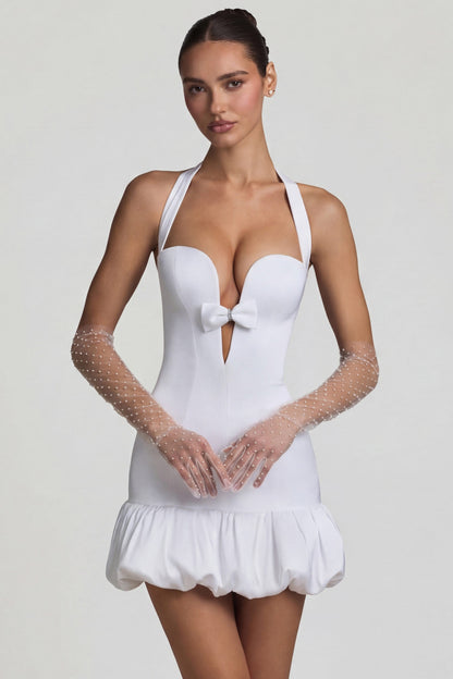 Bow-Detail Halterneck Bubble Hem Mini Dress in White