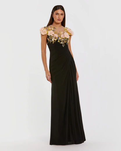 Black Jersey Column Gown With 3D Flower Embellishments