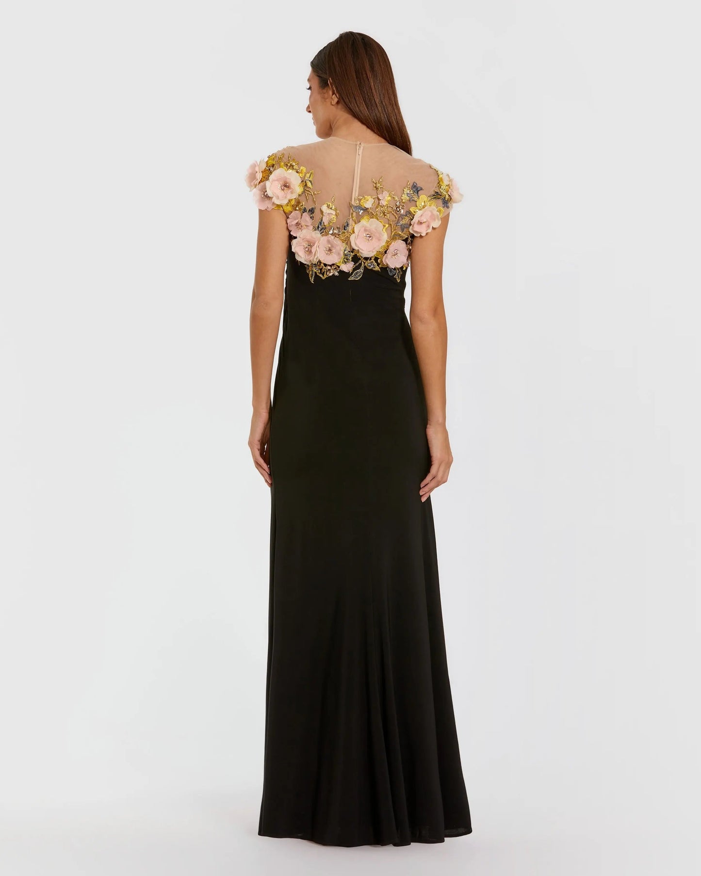 Black Jersey Column Gown With 3D Flower Embellishments