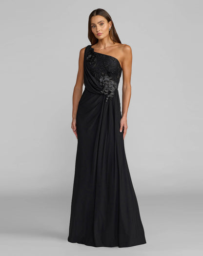Black One Shoulder Draped Jersey Gown With 3D Flowers