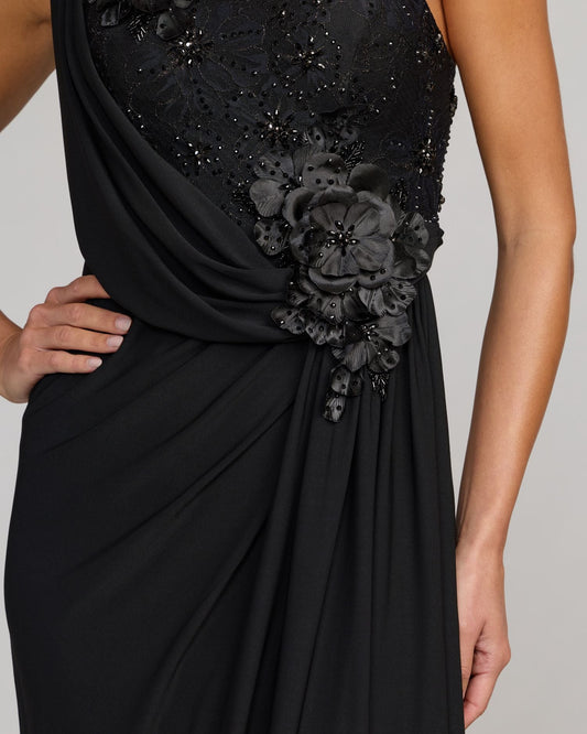 Black One Shoulder Draped Jersey Gown With 3D Flowers