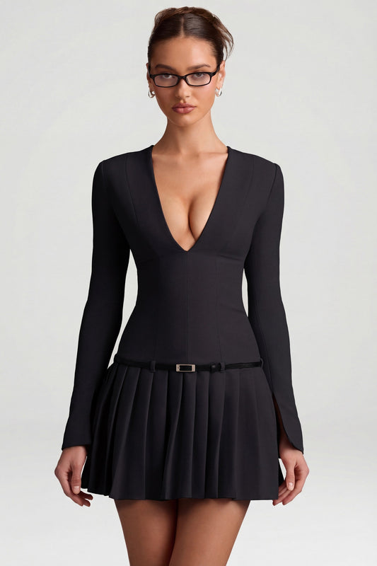 Long-Sleeve Pleated Mini Dress in Black