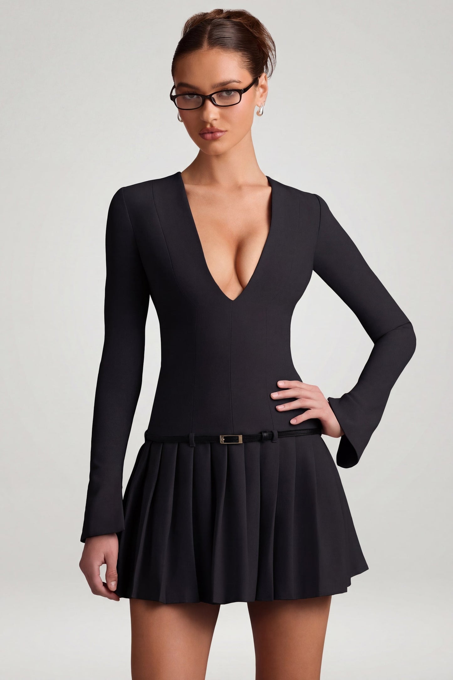 Long-Sleeve Pleated Mini Dress in Black
