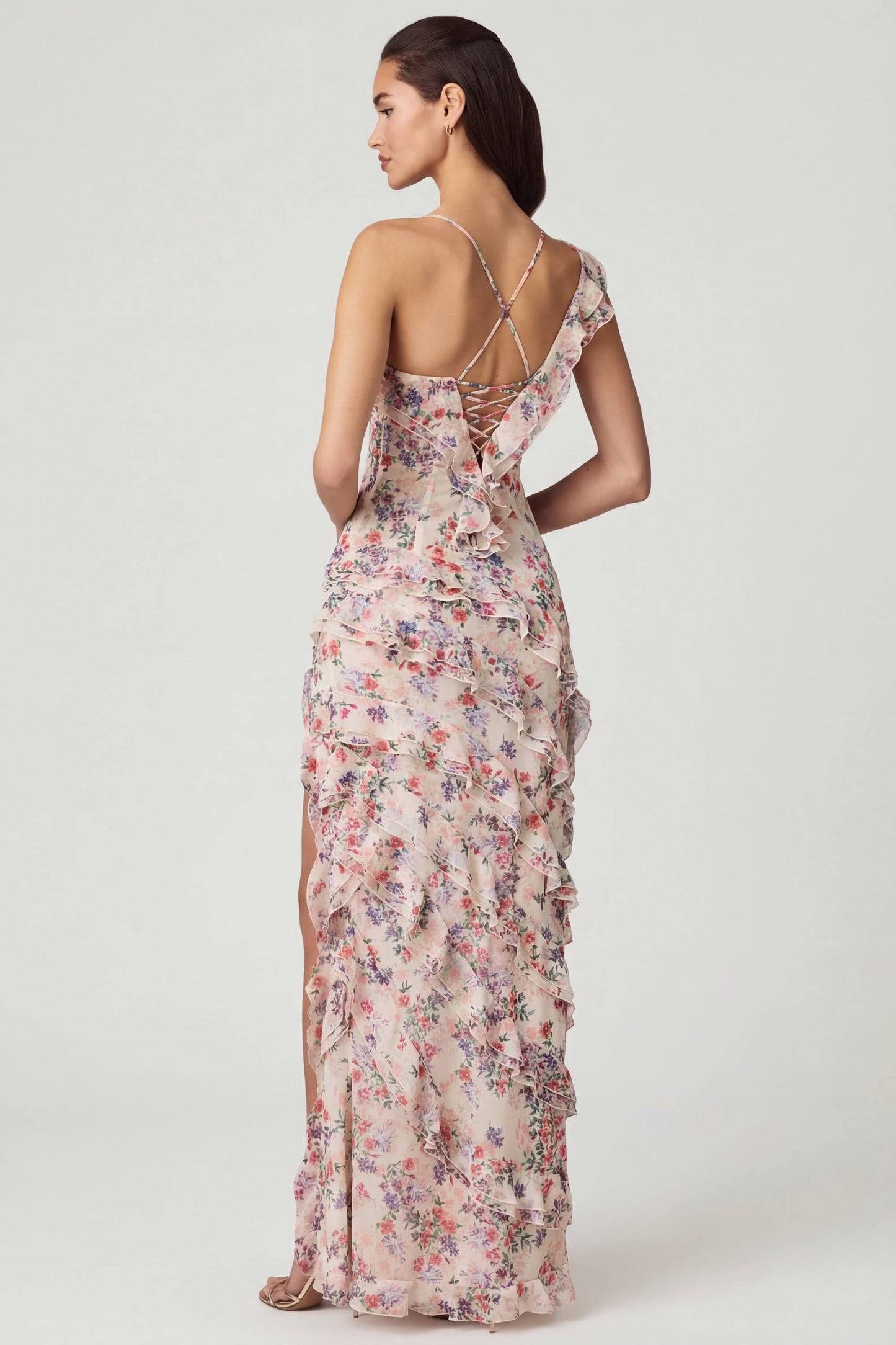 Asymmetric Ruffled Lace-Up Gown in Primrose Floral Print
