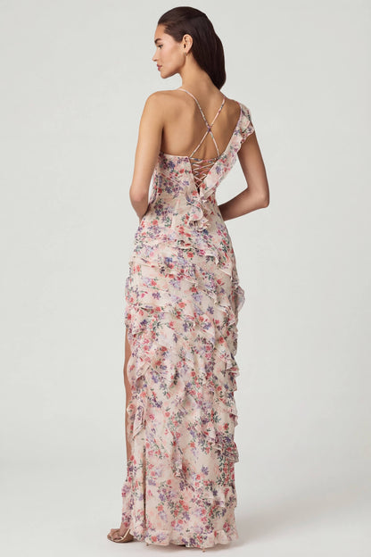Asymmetric Ruffled Lace-Up Gown in Primrose Floral Print