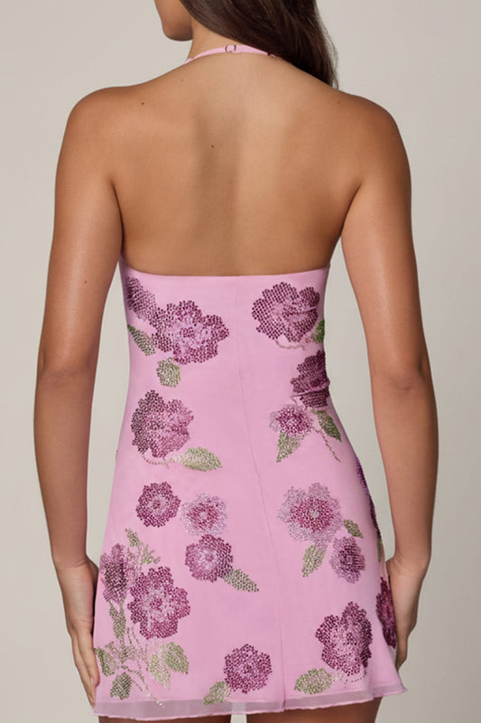 Embellished Halterneck Mini Dress in Soft Pink
