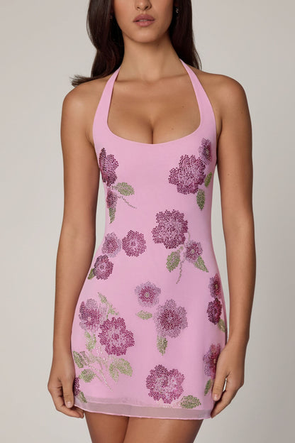 Embellished Halterneck Mini Dress in Soft Pink