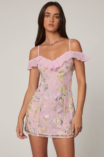 Embellished Lace-Up A-Line Mini Dress in Soft Pink