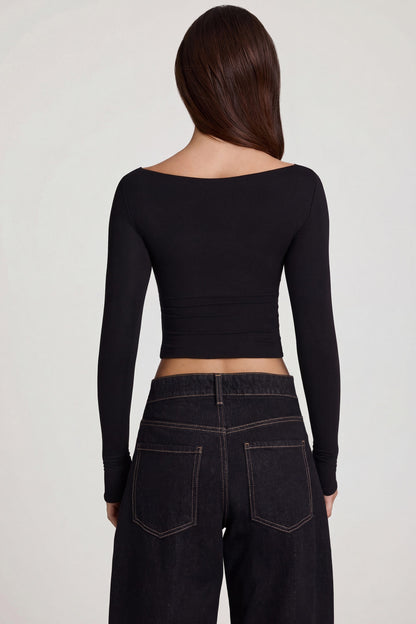 Modal Boat-Neck Long-Sleeve Top in Black