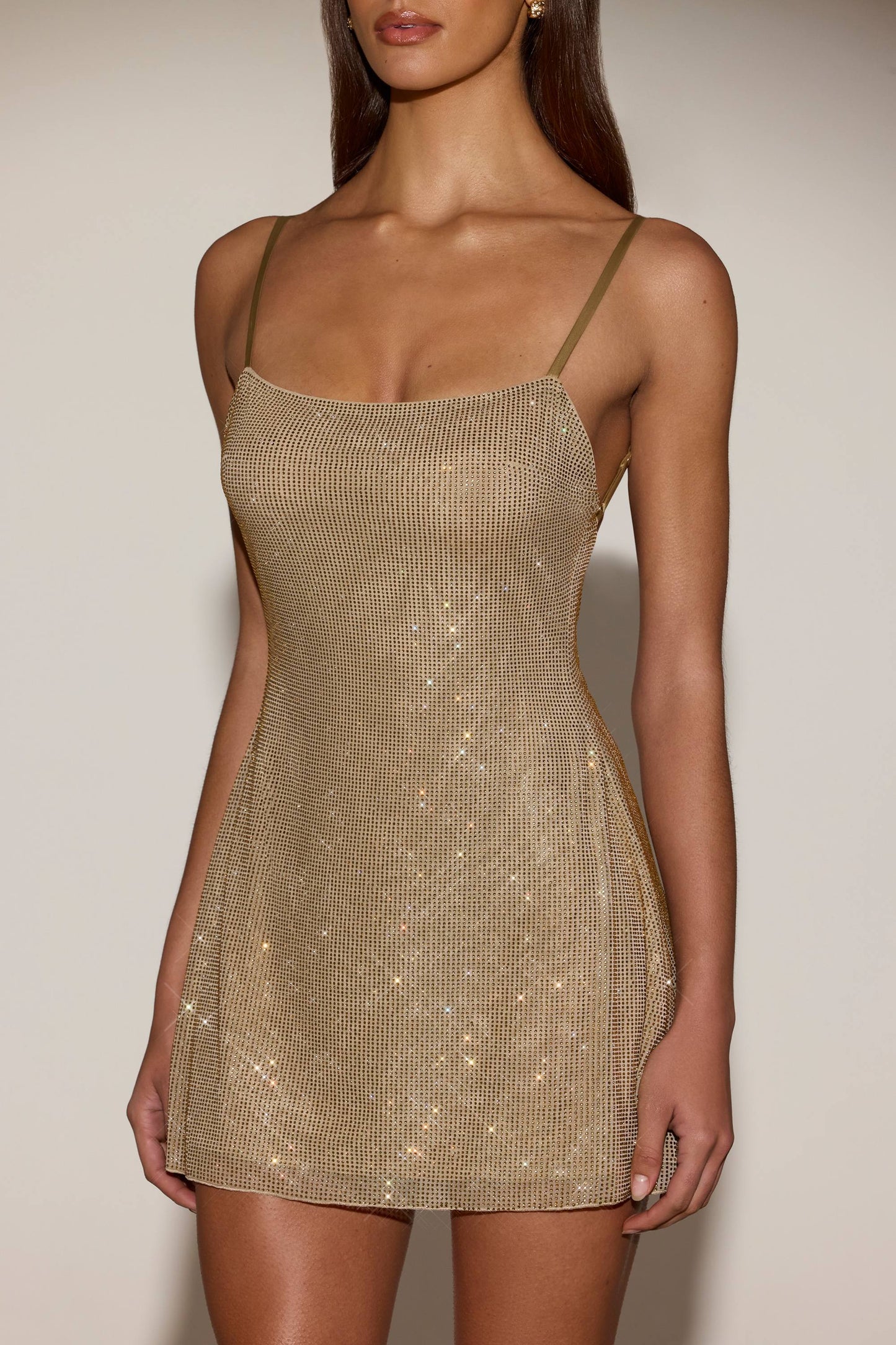 Embellished Soft-Scoop Backless Fitted Mini Dress in Gold