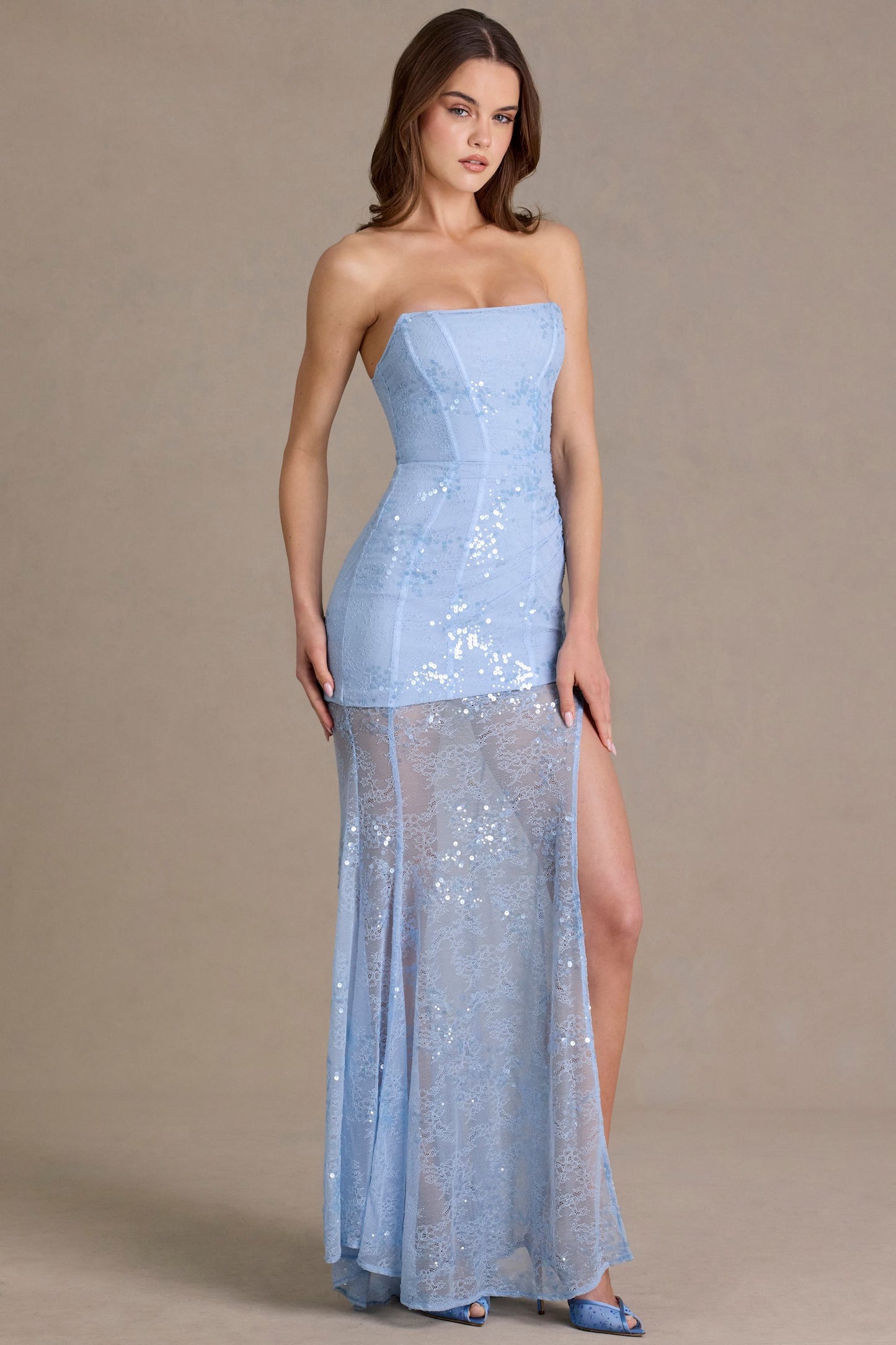 Embellished Lace Corset Gown in Sky Blue