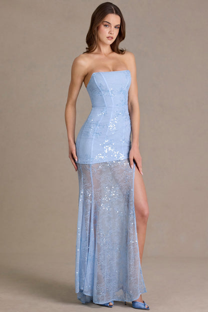 Embellished Lace Corset Gown in Sky Blue