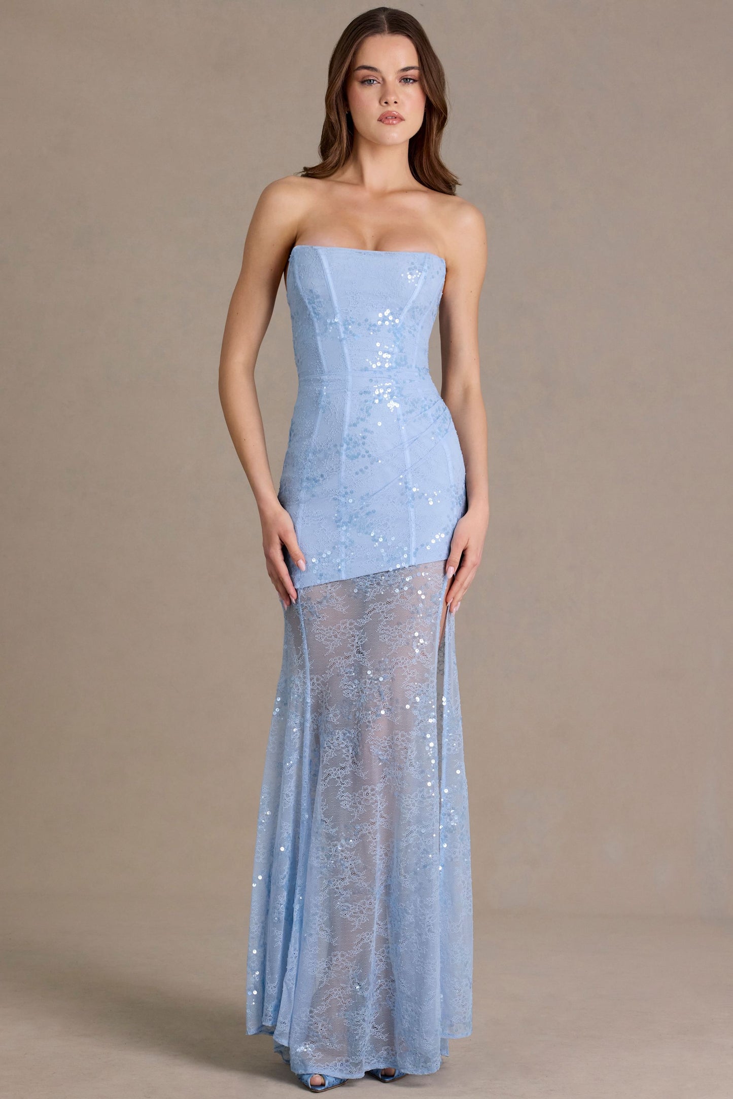 Embellished Lace Corset Gown in Sky Blue