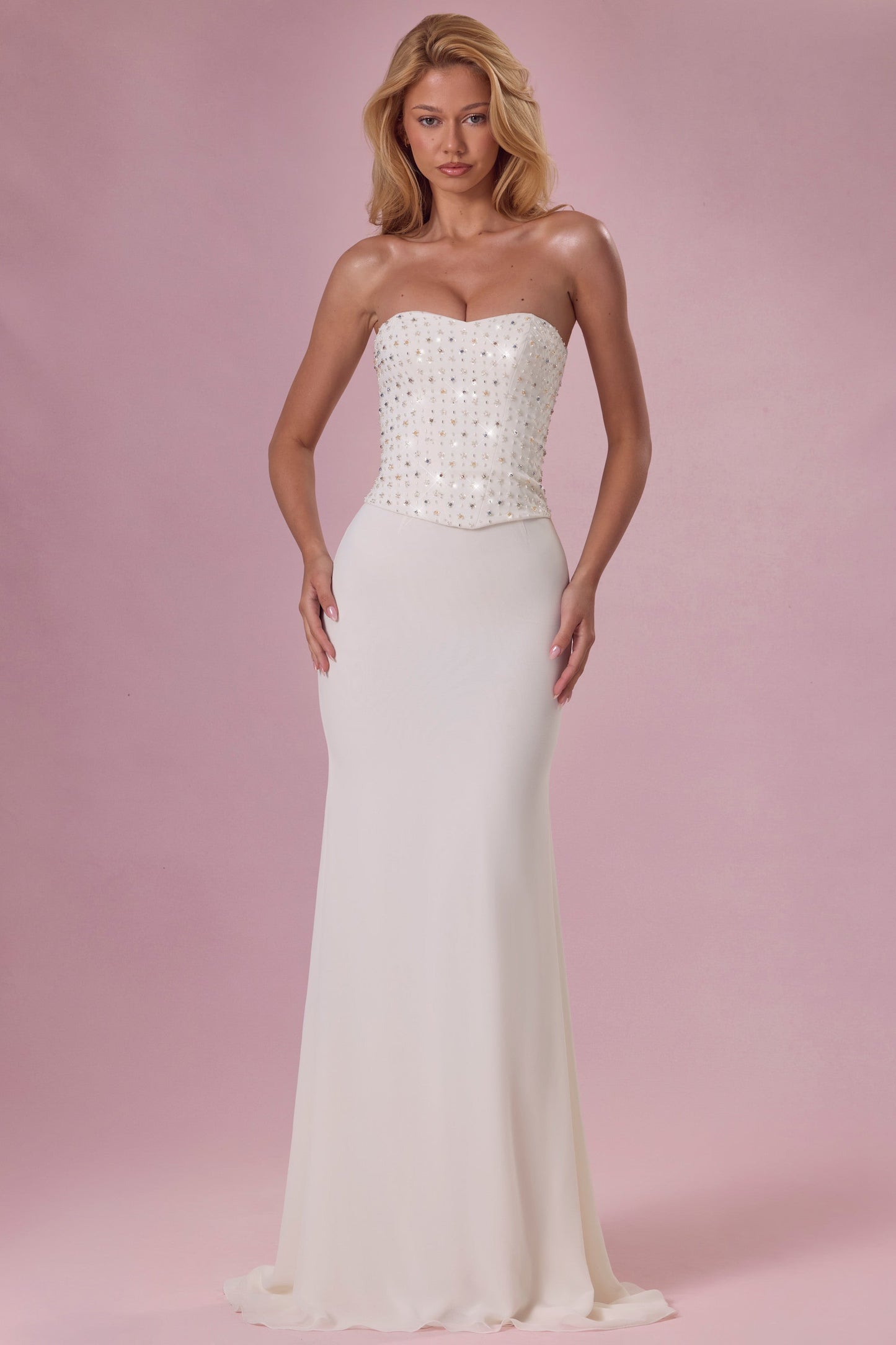 Embellished Corset Strapless Gown in Pearl