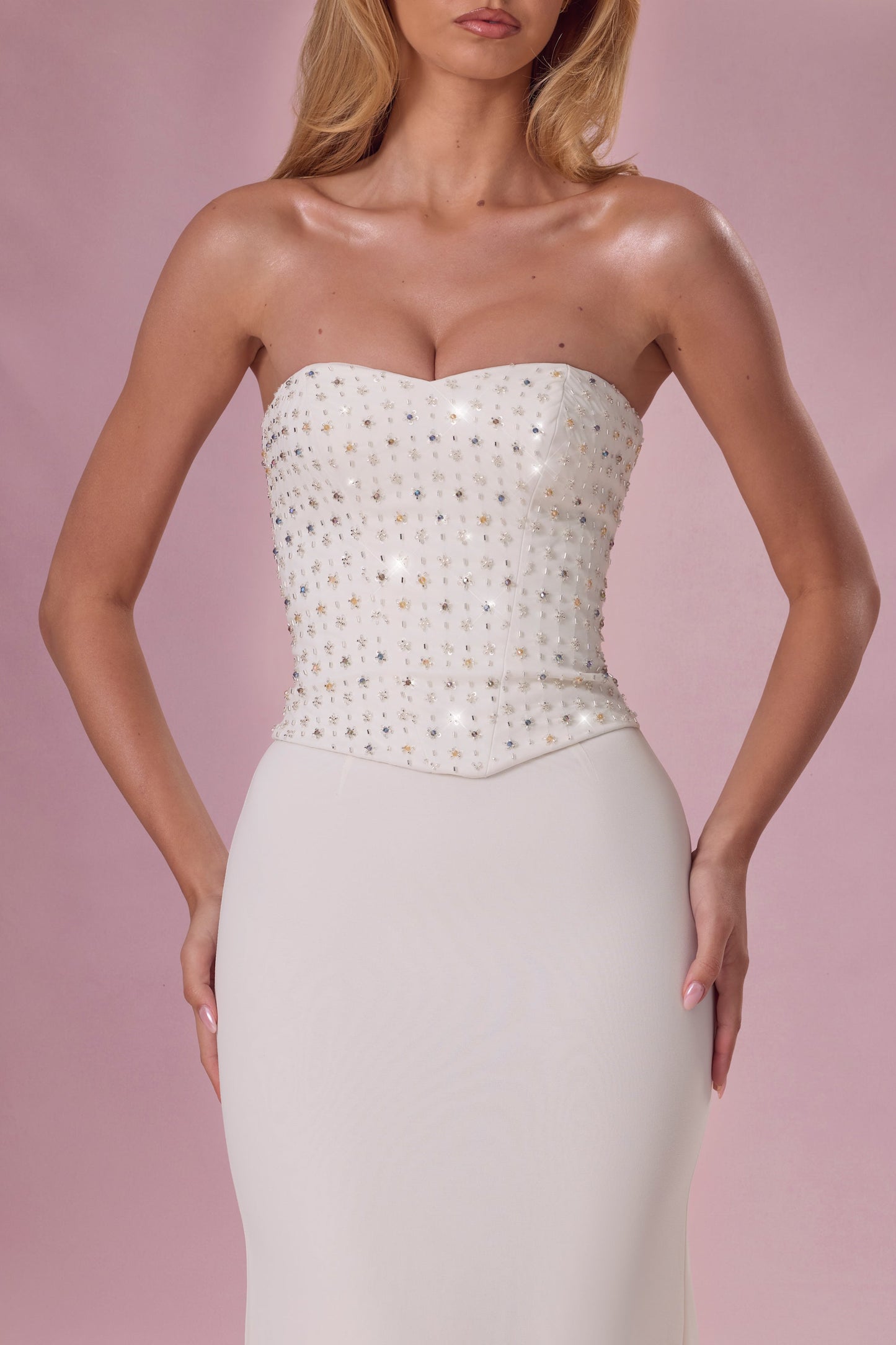 Embellished Corset Strapless Gown in Pearl