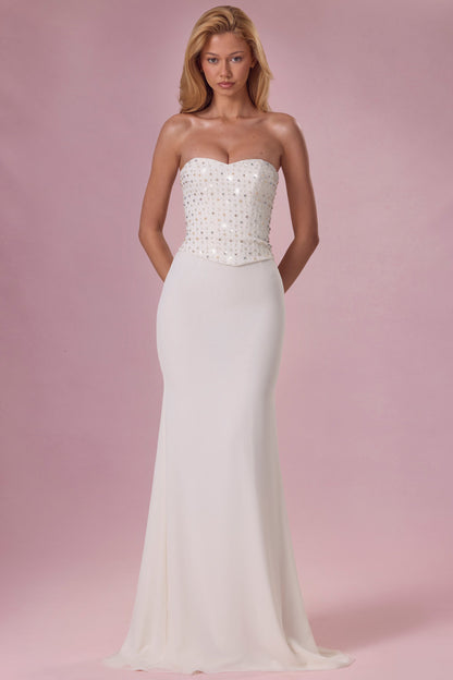 Embellished Corset Strapless Gown in Pearl