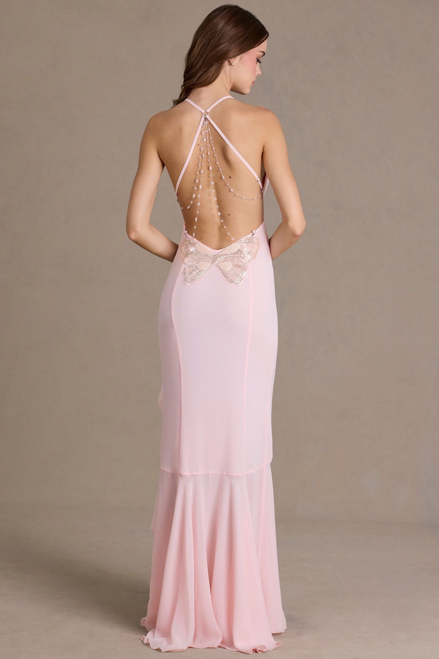 Chiffon Cowl-Neck Open-Back Gown in Baby Pink
