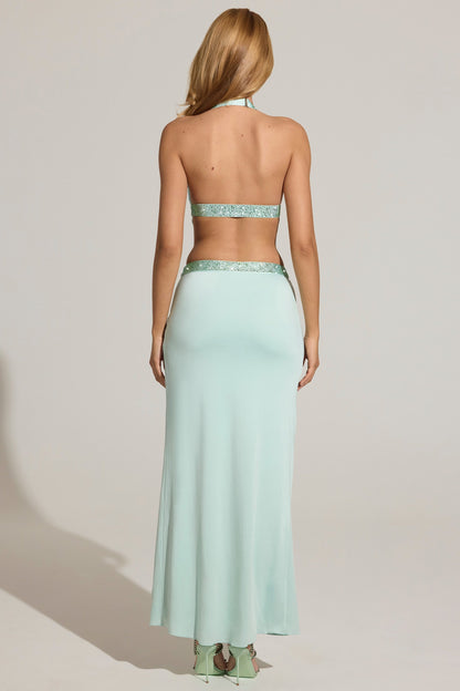 Embellished Low-Rise Maxi Skirt in Aqua Blue