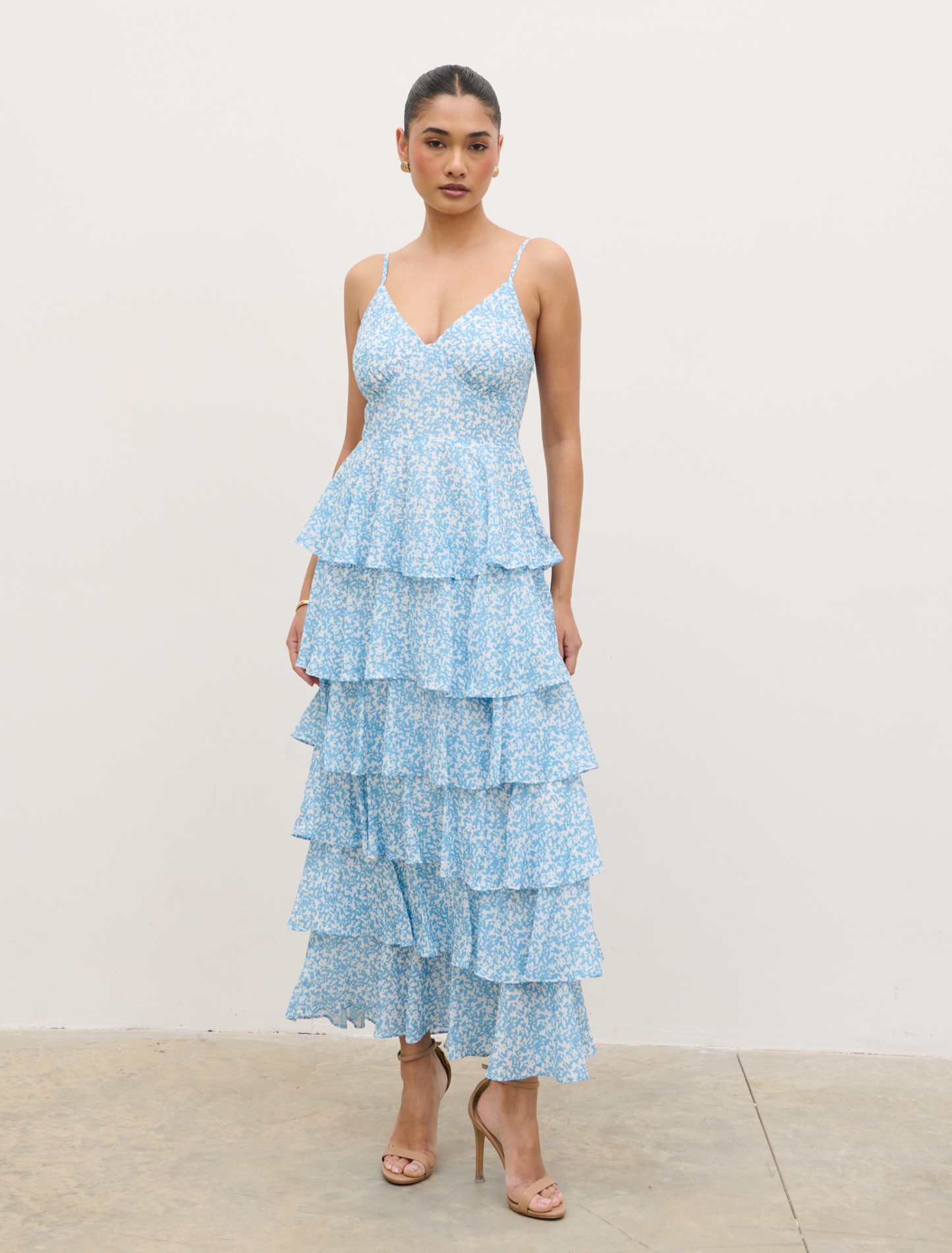Lissy Ruffle Midaxi Dress - Blue Abstract