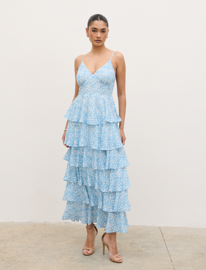 Lissy Ruffle Midaxi Dress - Blue Abstract