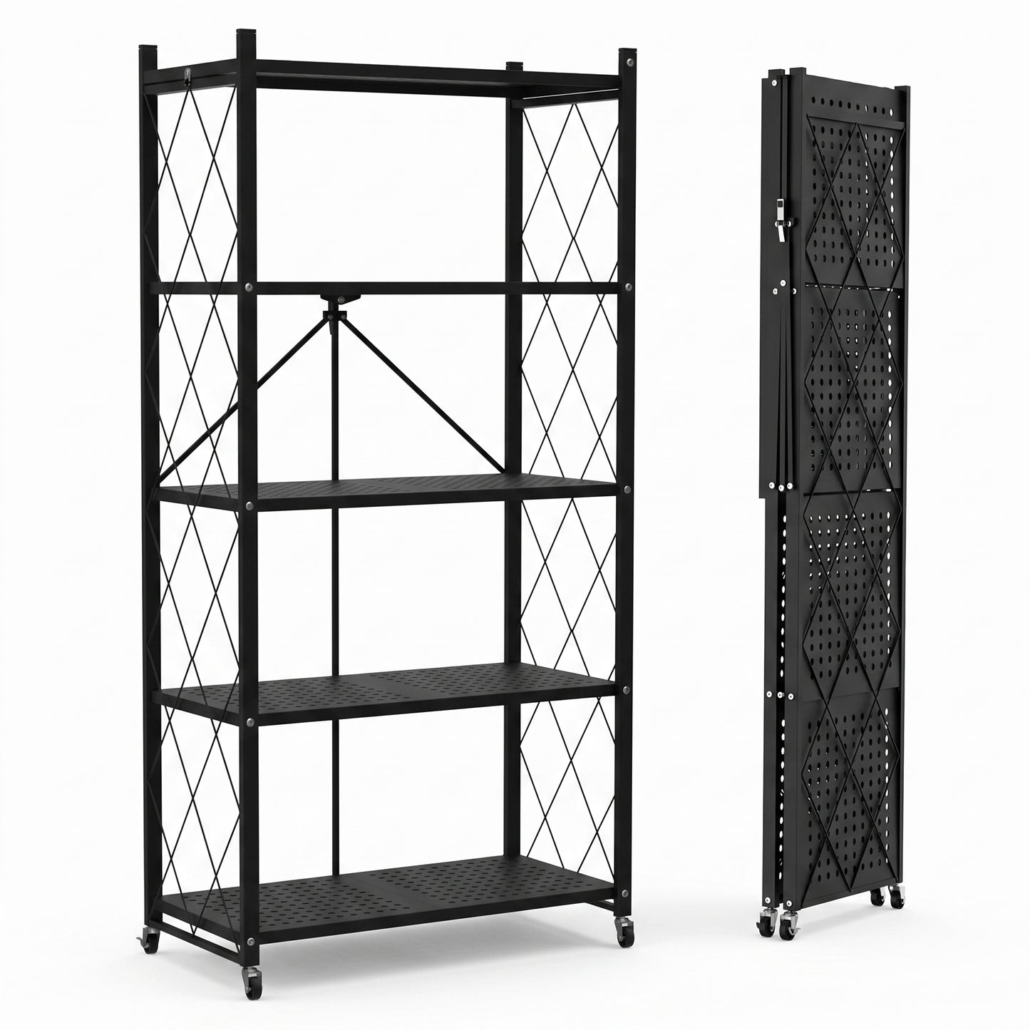Space‑Saving Foldable Metal Shelving Unit, Freestanding Storage Rack with Lockable Rolling Casters