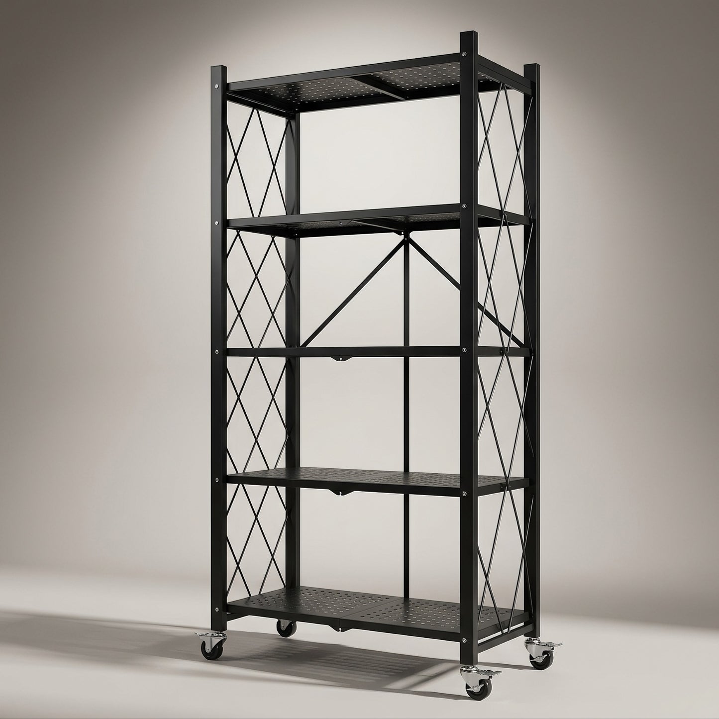 Space‑Saving Foldable Metal Shelving Unit, Freestanding Storage Rack with Lockable Rolling Casters