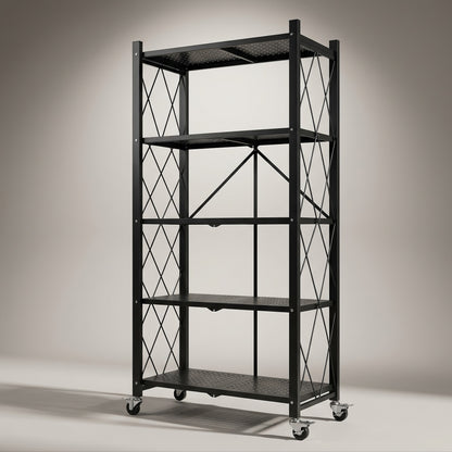 Space‑Saving Foldable Metal Shelving Unit, Freestanding Storage Rack with Lockable Rolling Casters