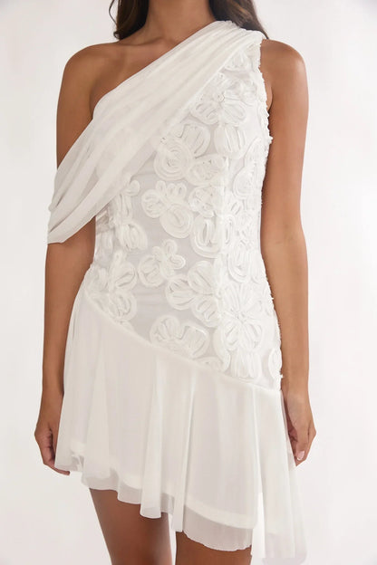 Anaisa One-Shoulder Draped Mini Dress Embellished Off White