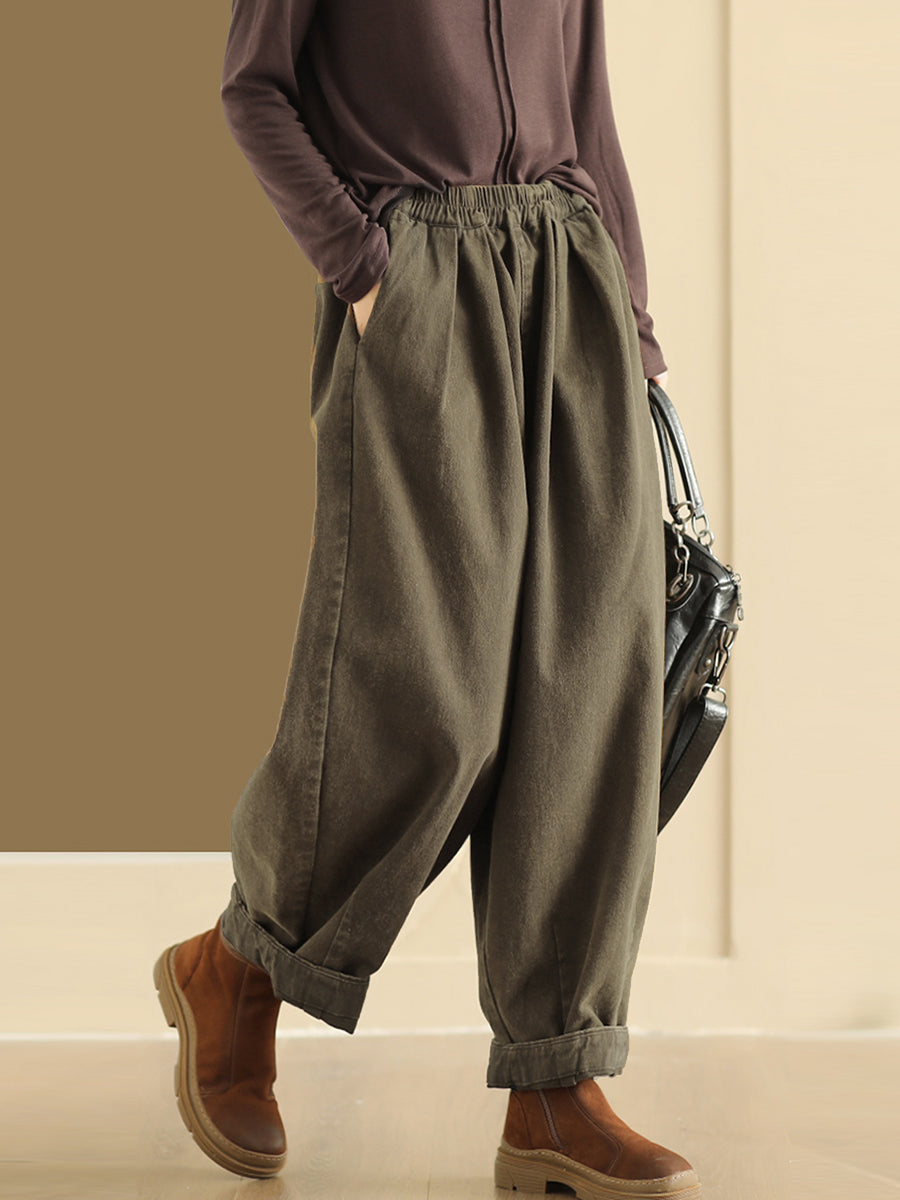Plus Size Women Autumn Retro Pure Color Cotton Harem Pants