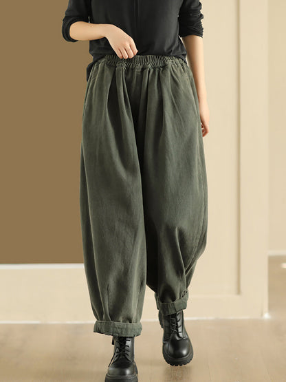 Plus Size Women Autumn Retro Pure Color Cotton Harem Pants