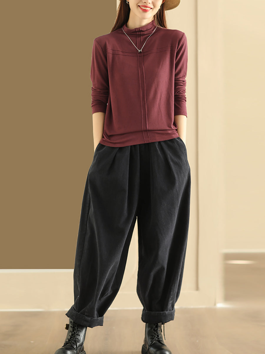 Plus Size Women Autumn Retro Pure Color Cotton Harem Pants