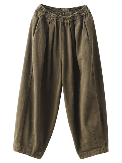 Plus Size Women Autumn Retro Pure Color Cotton Harem Pants