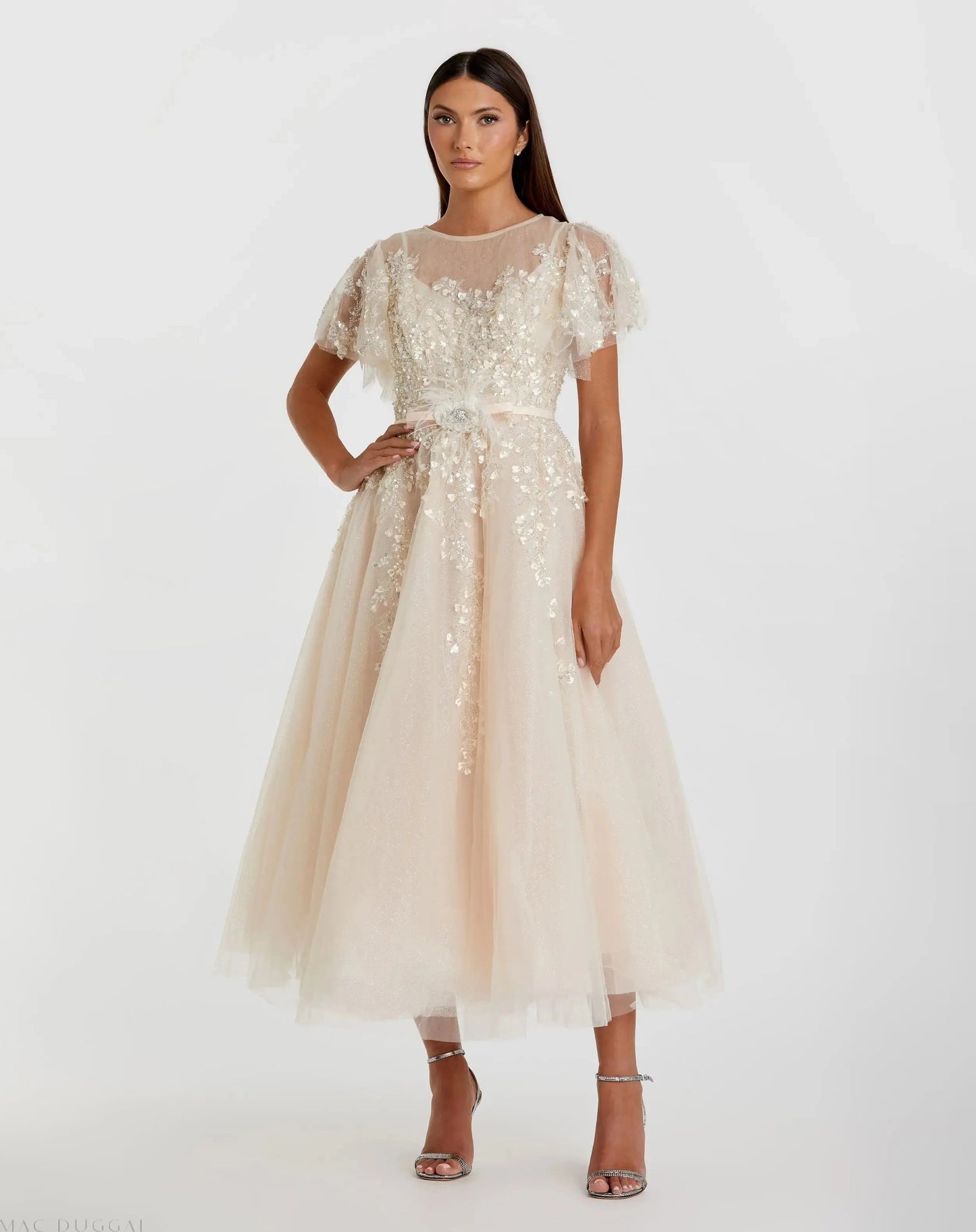 Beige Embellished Flutter Sleeve Bow Waist A Line Dress - FINAL SALE