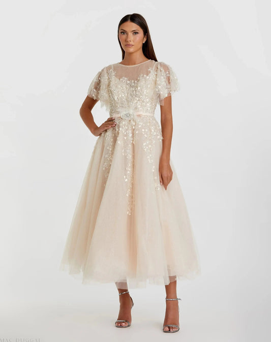 Beige Embellished Flutter Sleeve Bow Waist A Line Dress - FINAL SALE