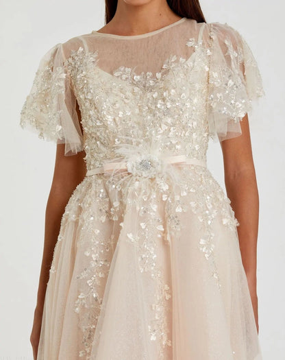 Beige Embellished Flutter Sleeve Bow Waist A Line Dress - FINAL SALE