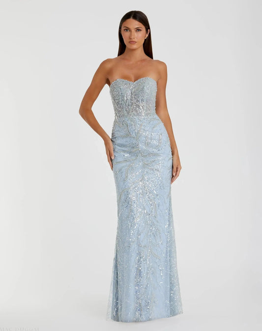 Blue Beaded Sequin Strapless Trumpet Gown
