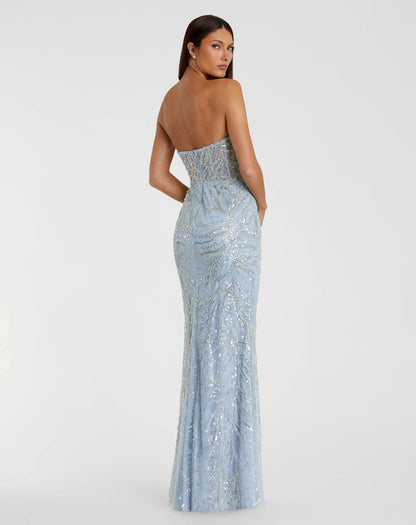Blue Beaded Sequin Strapless Trumpet Gown