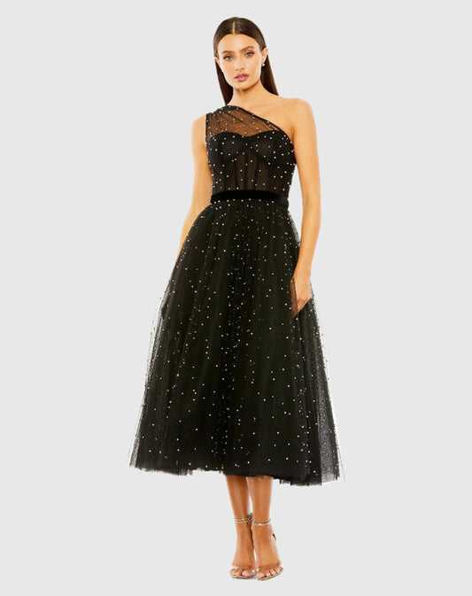 Black One Shoulder Pearl Beaded Midi Ball Gown