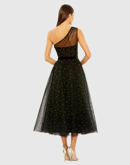 Black One Shoulder Pearl Beaded Midi Ball Gown
