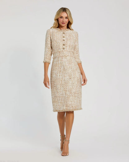 Beige Beaded Trim Boucle Midi Dress with 3/4 Sleeves
