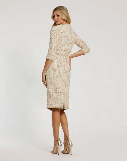 Beige Beaded Trim Boucle Midi Dress with 3/4 Sleeves