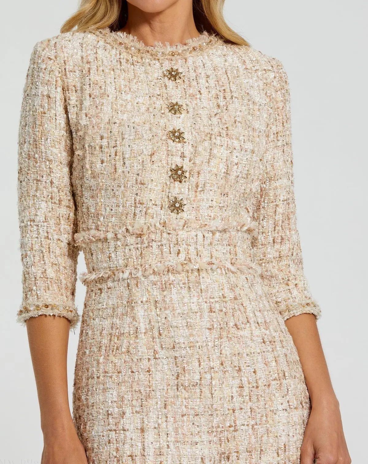 Beige Beaded Trim Boucle Midi Dress with 3/4 Sleeves